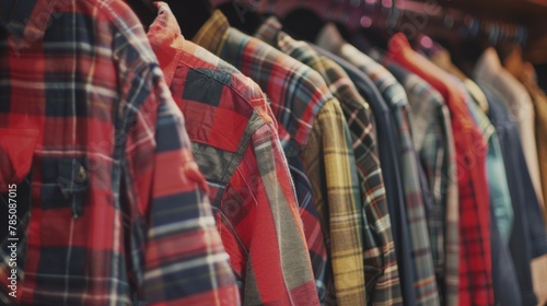 Colorful checkered flannel shirts hanging in a clothing store. © tashechka