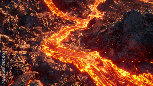 Fiery crimson 3D lava flow, winding through a stark, burnt orange terrain.