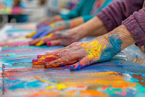 A line of hands covered in vivid paints engaged in a collaborative art therapy session. AI Generated.