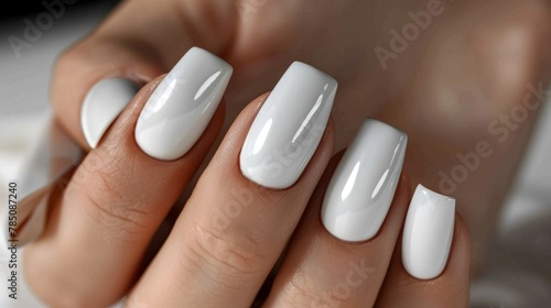 Female hands showcase a flawless white manicure with glossy finish, exemplifying elegance and neatness.