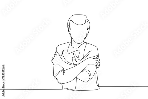 A single continuous line, illustrating	A man hugs himself. handsome young man. dress casually. cold embraced himself. white background. one line painting. short haired man looks neat. warm your own bo