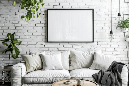 Mock-up poster frame in living room background, Scandi-Boho style, 3d render. Beautiful simple AI generated image in 4K, unique. photo