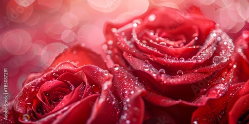 Macro shot of red roses with fresh water droplets  symbolizing romance and passion.
