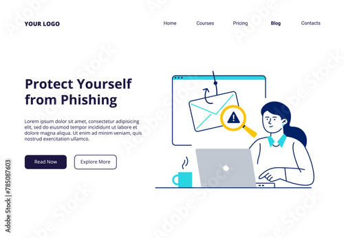 A woman receives a suspect letter. Cyber security, email protection against spam and phishing. Vector flat illustration for web page, app, or blog.