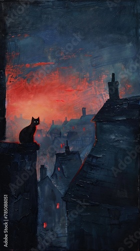Dark shadows, a pale redish shimmer on the roofs and in the lower sky, the silhouette of a cat on a wall in a cosy romantic sleepy old town in the very early morning photo