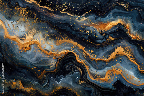 Abstract art painting of an ocean, golden swirls and fluid forms blending together in the center. Created with Ai