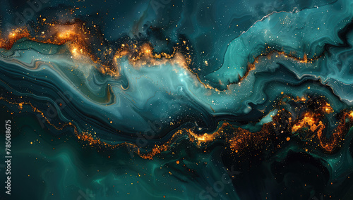 A dark teal and gold marble background with swirling patterns, glowing lights. Created with Ai