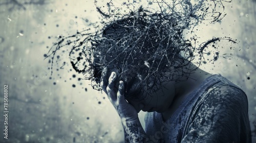 Person with disintegrating head made of branches against a blurred background. photo