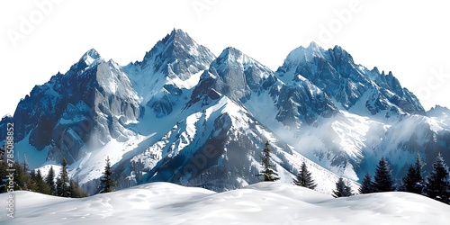 Isolated winter mountain landscape with cutout and clipping path choices on a white backdrop.