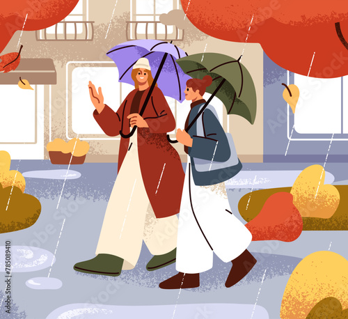 Girls friends walking together on rainy day. Happy women going on autumn city street, talking under umbrellas, rain weather, downpour. People in fall season, raindrops. Flat vector illustration