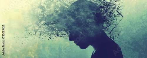 Silhouette of a person with a head dissolving into trees and birds. Mental health and nature connection concept photo