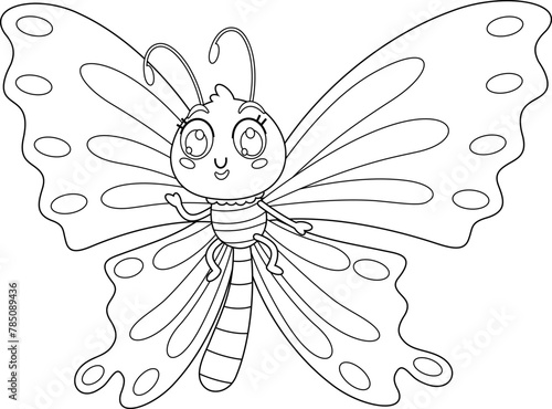 Outlined Cute Butterfly Cartoon Character Waving For Greeting. Vector Hand Drawn Illustration Isolated On Transparent Background © HitToon.com