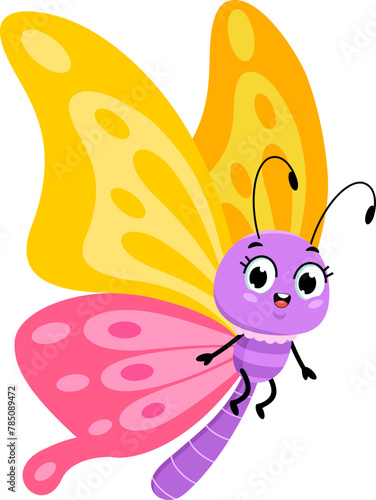 Cute Butterfly Cartoon Character Flying. Vector Hand Drawn Illustration Isolated On Transparent Background © HitToon.com