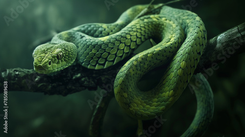Green Pit Viper Snake Coiled on Branch