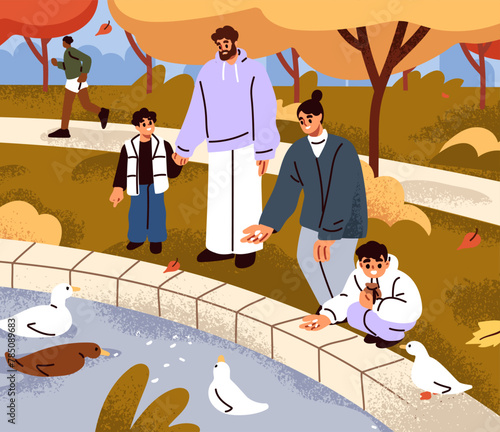 Happy family in autumn park. Parent and kids feeding ducks in pond. Mother, father and children resting outdoors in nature, grains for birds in fall holiday, weekend. Flat vector illustration
