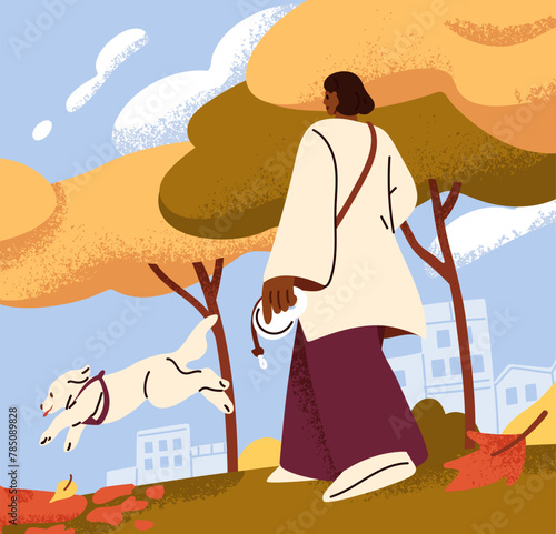 Young woman walking with puppy in autumn park. Pet owner and happy dog running, strolling outdoors among trees, fall season nature. Active leisure time with pup, doggy. Flat vector illustration