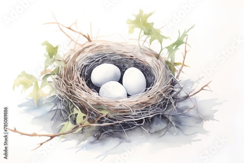 Nest with eggs on a white background. Watercolor illustration.