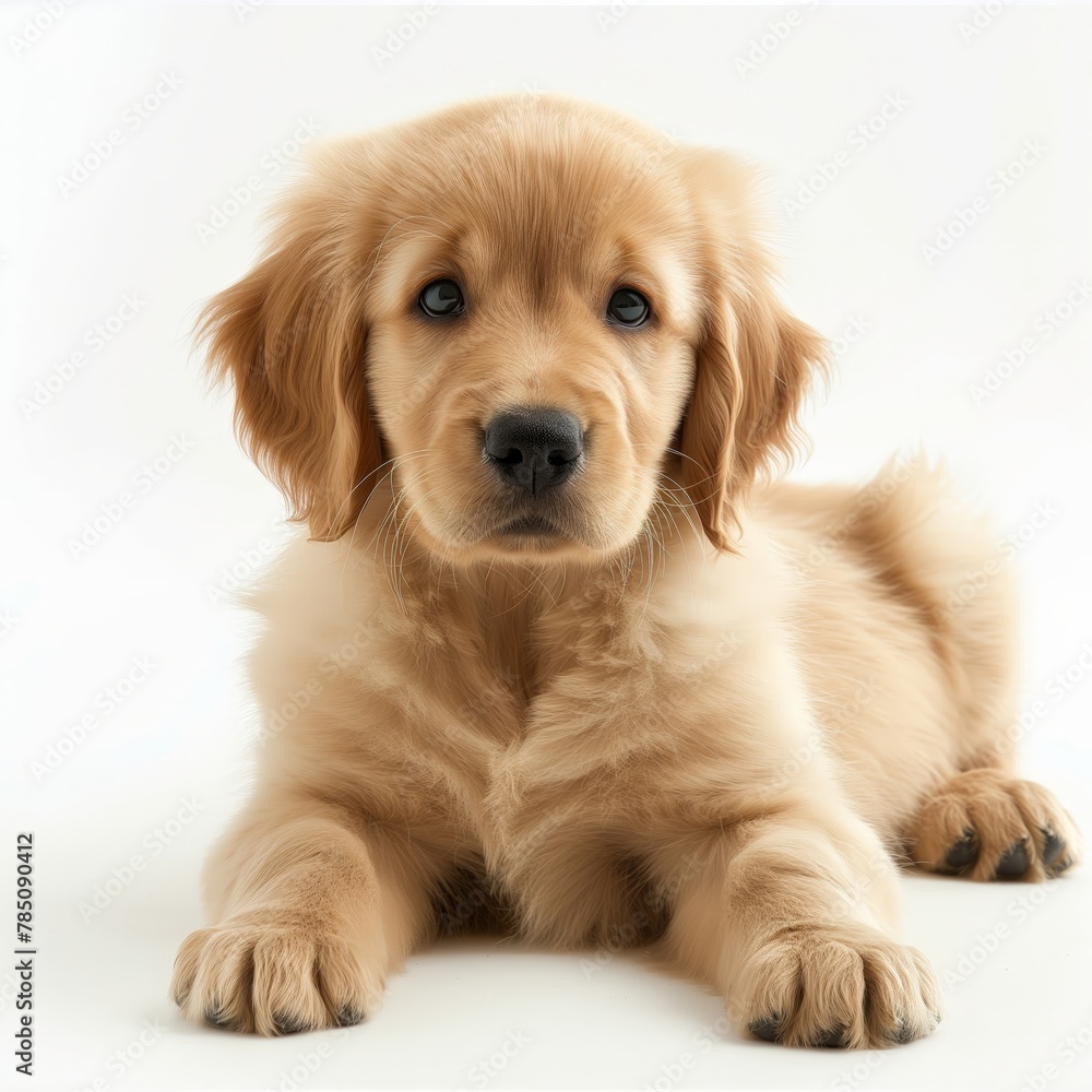 A cute golden retriever puppy with a gentle gaze, lying down on a white background - ideal for pet related content.