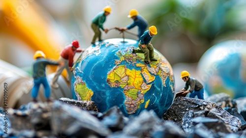 Miniature figures on a world map with a globe. Macro shot with focus on international business and travel concept