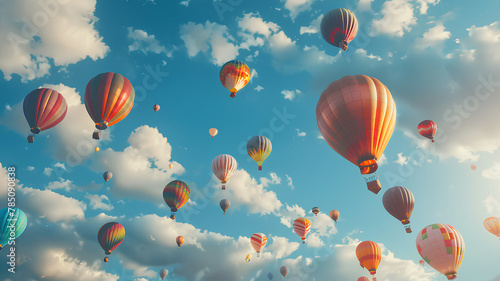 Beautiful multicolored air balloons flying in cloudy sky