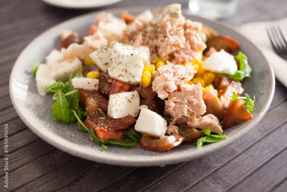 Closeup of salad with fish and vegetables for lunch Closeup of salad with fish and vegetables for lunch