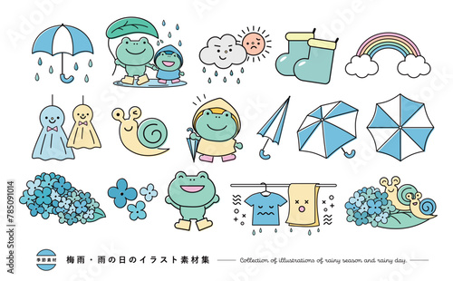 梅雨・6月をイメージしたポップなかえるやあじさい・傘などのアイコンイラストセット