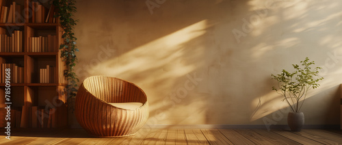 Sunlit Modern Interior with Woven Accents. Warm sunlight bathing a cozy room with a round wicker chair and a potted plant.