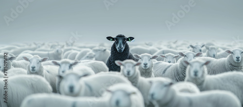One Black Sheep Standing Out in a Crowd of White Sheep. A unique black sheep stands prominently amongst a flock of white sheep, symbolizing individuality and difference.