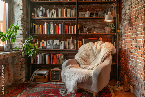 Rustic Charm of a Book Lover's Nook. A lovingly curated book nook invites you in with its plush armchair and soft textures amidst the warmth of exposed brick and the company of vibrant houseplants.