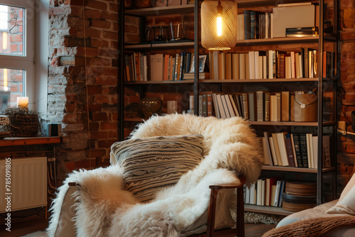 Scandinavian-Style Cozy Reading Corner. Warm, inviting reading space with a chair and bookshelf in a rustic setting. photo