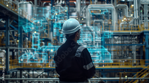 An engineer, outfitted with a helmet, surveys a high-tech industrial plant, where digital interfaces overlay the complex machinery, signifying cutting-edge operational efficiency © GustavsMD