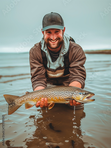 Happy angler with sea trout, successful catch, fishing hobby.