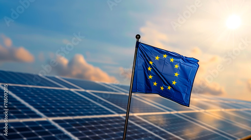 EU flag with solar panels, symbolizing renewable energy policy.