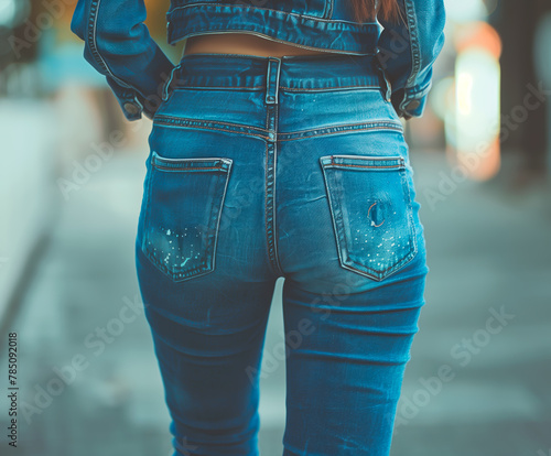 Woman wearing blue jeans jacket and pants, street fashion. 