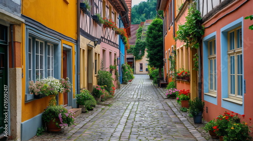 charming cobblestone street lined with colorful houses and flower-filled window boxes in a European town © Mars0hod