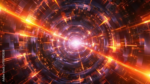 Abstract glowing tunnel with orange and yellow light beams.