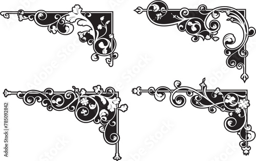 Vintage renaissance ornamental floral corners set. Luxury page decorative flourish designs, royal filigree ornaments, wedding invitation corners. Extremely clean vector graphics, vinyl and laser ready