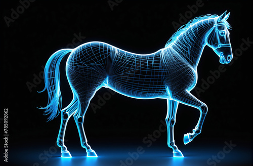 3D wireframe model, horse figure, glowing outline, black background, perspective projection, detailed anatomy