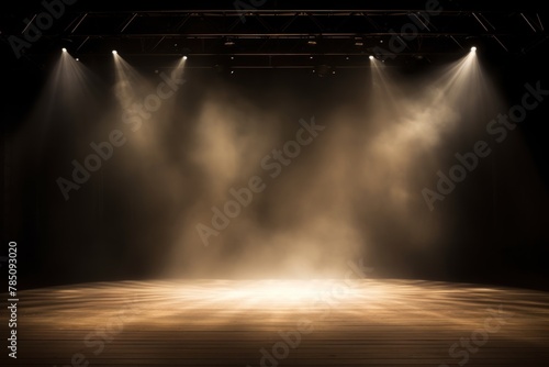 Beige stage background, beige spotlight light effects, dark atmosphere, smoke and mist, simple stage background, stage lighting, spotlights