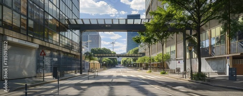 An empty urban street on a sunny day, flanked by modern buildings, suggesting calm in the midst of city life.