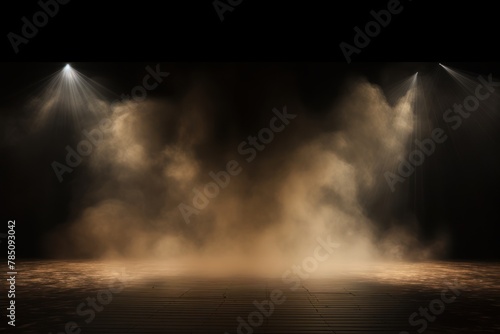 Beige stage background, beige spotlight light effects, dark atmosphere, smoke and mist, simple stage background, stage lighting, spotlights