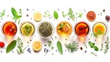 Top view beverages made from various organic herbs help alleviate stress and promote relaxation, in white background. generative ai illustration.