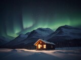 house in the mountains  and  the northern lights in the night sky