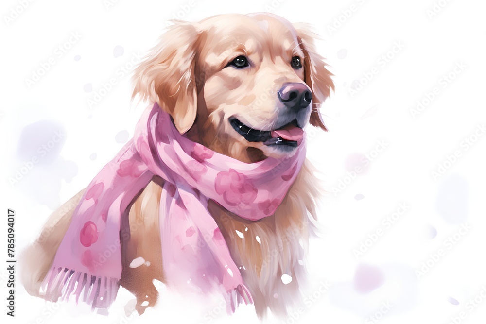 Cute golden retriever dog in pink scarf. Watercolor illustration