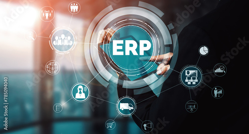 Fototapeta Naklejka Na Ścianę i Meble -  Enterprise Resource Management ERP software system for business resources plan presented in modern graphic interface showing future technology to manage company enterprise resource. uds