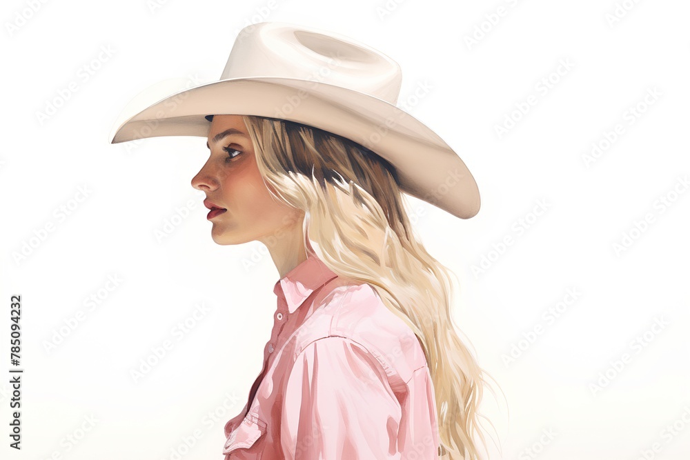 Beautiful young woman in pink shirt and white cowboy hat on white background. Beautiful young woman in pink shirt and white cowboy hat on white background.