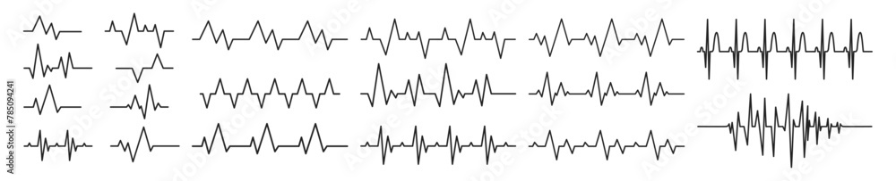Heart beat line. Thin line vector set of signs for infographic, logo, app development and website design. Heart rhythm set, Electrocardiogram, ECG EKG signal,