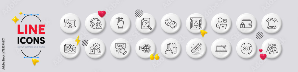 Online question, Accounting report and Search document line icons. White buttons 3d icons. Pack of Maze attention, Bell alert, Refresh icon. Vector Online question, Accounting report and Search document line icons. White buttons 3d icons. Pack of Maze attention, Bell alert, Refresh icon. Vector