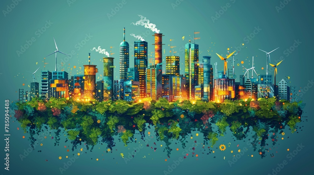 Illustration set supporting circular economic growth with renewable energy and natural resources. Modern illustration illustrating green energy, sustainable industry, and manufacturing.