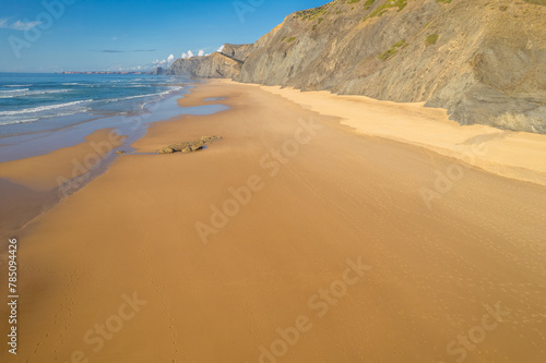 Aerial droe view of beautiful natural Cordoama beach in Portugal Atlantic coast